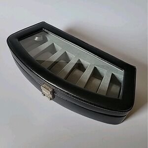 Bey Berk Black Leather 6 Slot Bracelet Watch Storage Box Case Glass Top Locking